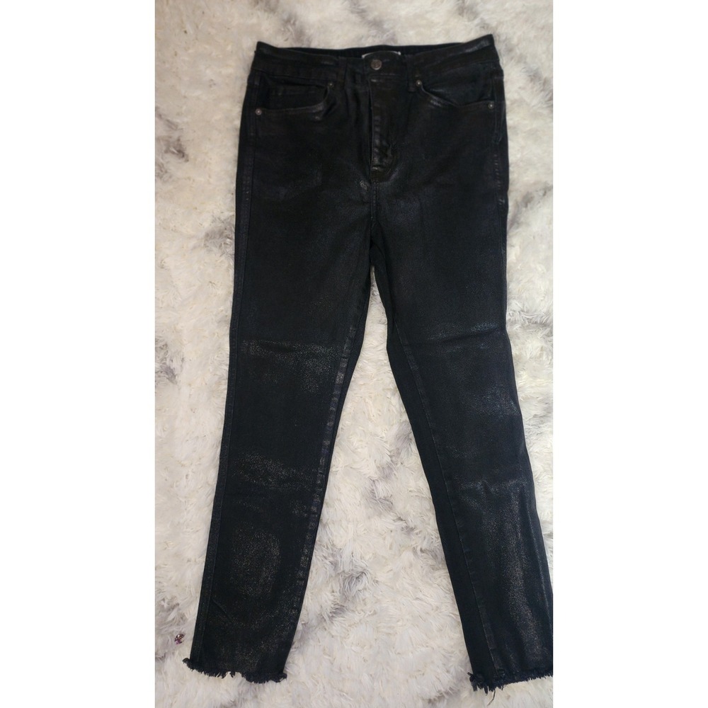 We The Free Women's Black Dark Wash Denim Skinny Jeans Raw Hem Button Pockets